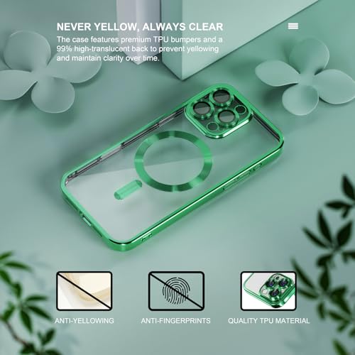 Image of Misea Magnetic for iPhone 16 Pro Max Case Compatible with MagSafe Green | [Never Yellowing] [Military Drop Protection] Full Camera Lens Protector Plating Soft Clear Phone Case for Women, Green