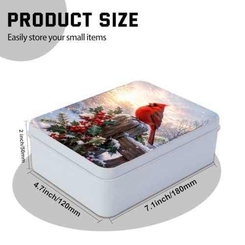 Image of Decorative Metal Tin Box with Lid,Red Cardinal Winter Organizer