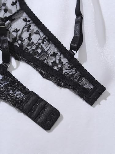 Image of Sexy Floral Embroidered Flower Mesh Underwire Push Up Lingerie Set