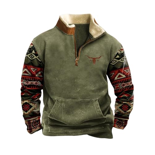 HOTYD Western Jackets for Men Cowboy Sweatshirts Vintage Ethnic Graphic Casual Long Sleeve Top 1/4 Zip Pullover Hoodies