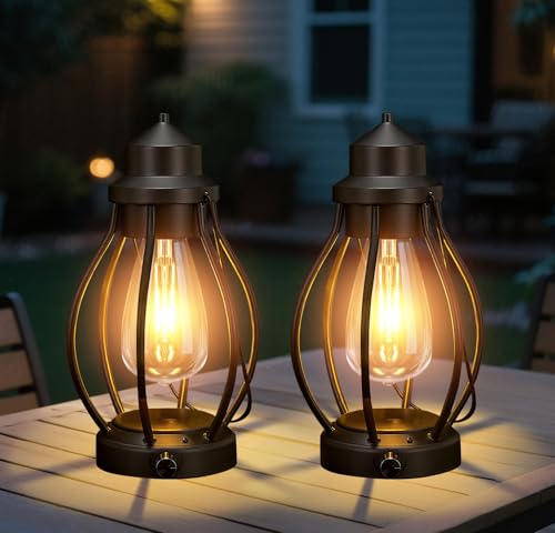 Battery-Powered LED Lanterns Vintage Lights for Camping, 2 Pack Rechargeable Lantern with Dimmerble Warm White Edison Bulb, Waterproof Hanging Light Table Lamp for Outdoor & Indoor Decorative