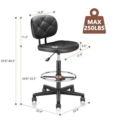 Image of KLASIKA PU Leather Rolling Stools with Foot Rest and Back Support, Adjustable Diamond Upholstered Drafting Chair with Wheels, Multi-Purpose Desk Chair for Home Office Bar Kitchen Shop, Black (2PK)