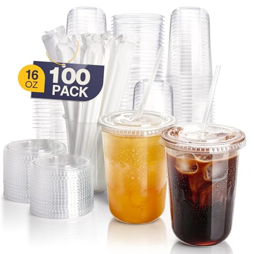 Fit Meal Prep 100 Pack 16 oz Round Bottom Clear Plastic Cups with Lids and Straws Disposable Iced coffee cups with lids BPA-Free To Go Cups for Smoothies Party Drinks Bubble Tea Cold Beverage