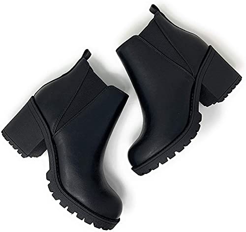 Soda Origami ~ Women Lug Sole Mid Heel Fashion Ankle Bootie W/Double Elastic Gore (8, Black, Numeric_8) #TOP5