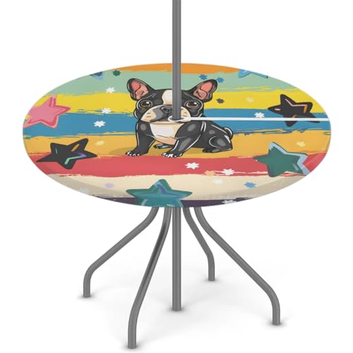 Tablerazzi Cute Dog Round Outdoor Tablecloth with Umbrella Hole and Zipper Puppy Cartoon Doggy Fitted Tablecloth Wipeable Table Cloth for Picnic Garden, 36''-44''