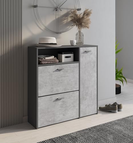 SCARPIERA - Scarpiera moderna a tre ante di cui due a ribalta e un scomparto aperto, la struttura è di colore interamente antracite, tutte e tre le ante sono di colore grigio cemento