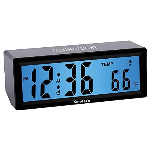 Sonnet Talking Alarm Clock for Visually Impaired, Elderly People, Blind, Hourly Voice Notifications, Blue Backlight Large Display Shows Time and Temperature, Loud for Heavy Sleepers by Ken-Tech, Black