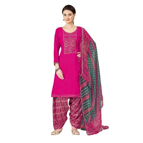 Patiala suit rose rani brodé avec dupatta en mousseline haut de gamme