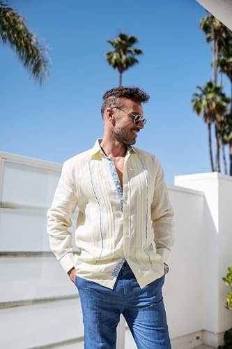 Mojito Men's 100% Linen Guayabera Chacabana Shirt Long Sleeve - Floral Contrast Trim & Blue Embroidery4