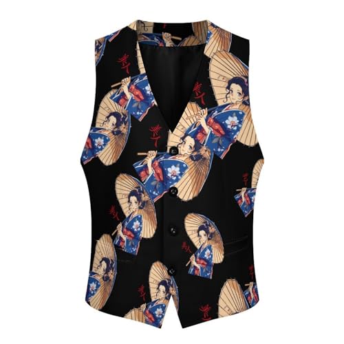 Japanese Cute Geisha Girl Men's Suit Vest Waistcoat Vests Formal Dress with 2 Pockets for Business Casual Tuxedo3