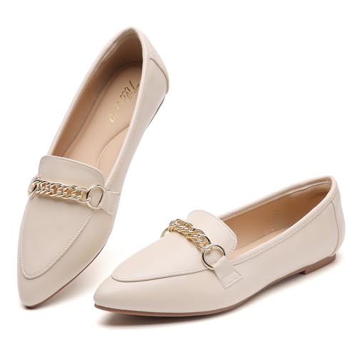 Image of Tilocow Metal Chain Loafers for Women Pointed Toe Slip on Flats Comfortable Fashion Work Shoes