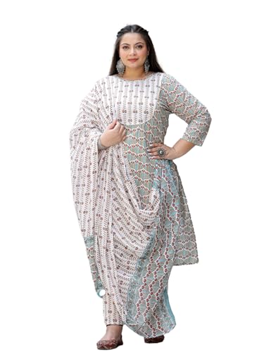 Image of YUFTA White And Green Printed Cotton Straight Plus Size Plus Size Kurta Trousers & Dupatta Set (9692PSKDWH )
