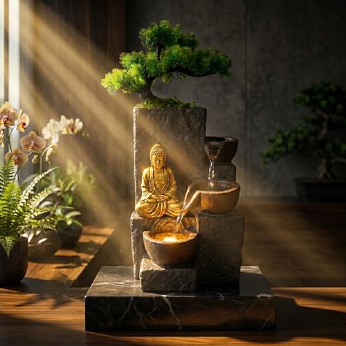 Image of Buddha Water Fountain Indoor Home Decor 1.5 Foot Artificial Plants with Pot & Indoor Plant Pot Planters for Home Decor Good Luck Vastu Desk Decor Items Showpieces for Living Room Office Table Gift