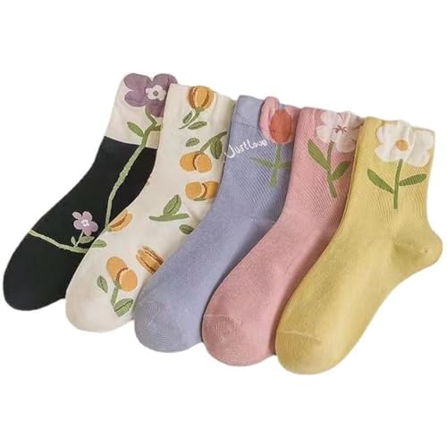 Cute Cotton Socks for Women and Girls, 5 Pairs for Sports and Daily Wear, Vintage Floral Crew Socks