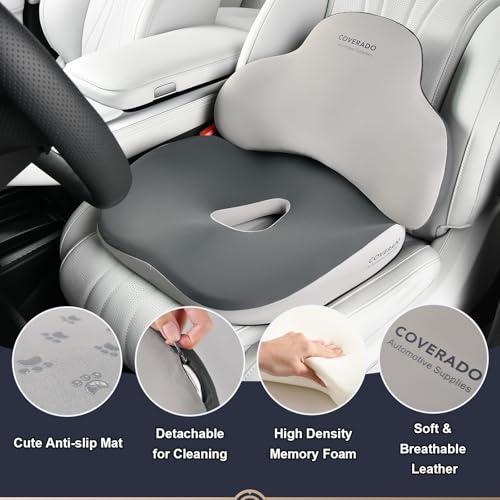 Image of Coverado Seat Cushion and Lumbar Support Pillow for Car Office Chair, Ergonomic Memory Foam Desk Chair Cushion Back Support Pillow, Sciatica & Back & Tailbone Pain Relief Cushion-Black&Gray