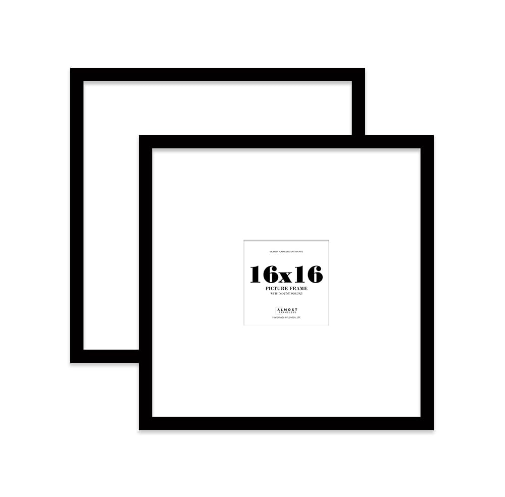 16x16 Black Picture Frame with Large Mount for 5x5 Photos, Prints - Modern Square Wall Frame, Set of 2