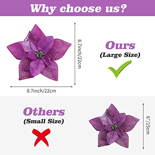 15 Pieces Christmas Glitter Poinsettia with Clips Christmas Poinsettia Decorations Artificial Poinsettia Flowers Ornament Christmas Flowers for New Year Wedding Home Decoration 8.7inch/22cm Purple
