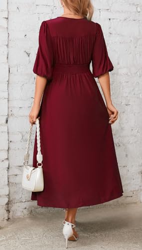 Image of Kormei Women Casual Boho V Neck 3 /4 Sleeve Smocked Waist A Line Flowy Swing Midi Dress Smocked Long Dress