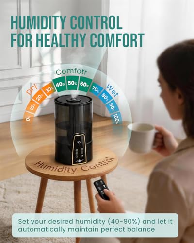 Image of YOKEKON Humidifiers for Bedroom,1.06Gal(4L) Dishwasher Safe Design Easy to Clean,Top Fill,Night Light,Aroma Diffuser,Humidity Control,12H Timer,Sleep Mode,3 Level Mist,360 Nozzle,Home,Nursery,Black