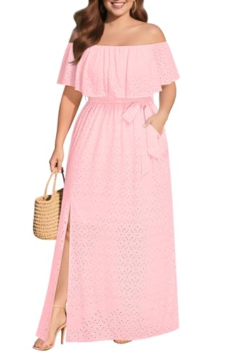 Image of Pinup Fashion Women Plus Size Summer Casual Off Shoulder Eyelet Maxi Dress | Breathable eyelet fabric,elegant ruffle,high waisted,stylish belt,side split,handy pockets,ideal for summer, wedding guest.