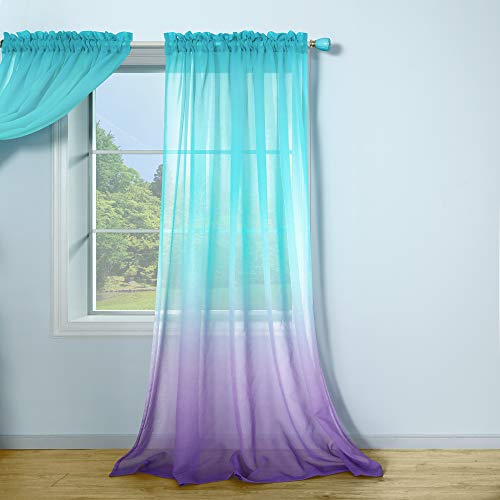 Girls Curtains For Bedroom Decor Single Curtain Panel Pole Pocket Window Sheer Drapes Pastel Teal Purple Ombre Curtains For Kids Room Teen Princess Decorations Set Lilac Turquoise 52 X 63 Inch Length #TOP5