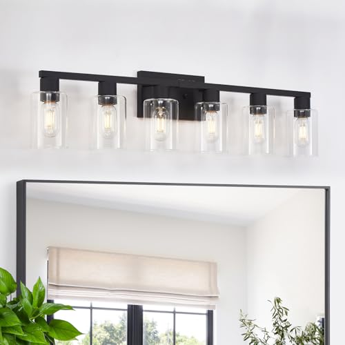 Black Bathroom Light Fixtures 6-Light Bathroom Lighting Fixtures Over Mirror with Clear Glass Shade Matte Black Vanity Lights 6 Light Count Large Vanity Light Fixture for Bath Mirror Wall Sconce