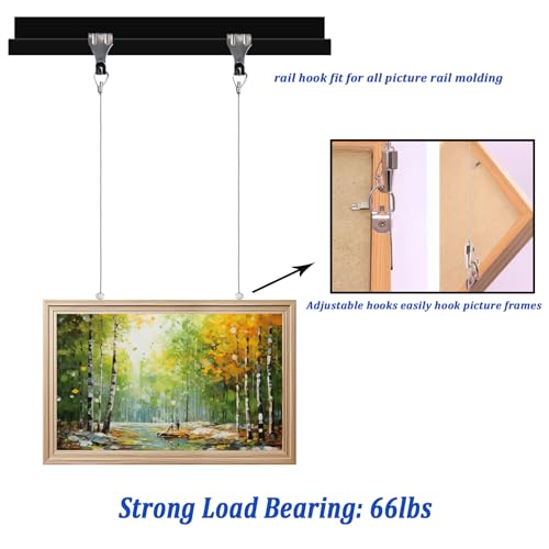 Image of Acrux7 9 PCS Picture Wire Hanging Kit, 6.6 Ft Stainless Steel Rope with Pictures Rail Hooks, Adjustable Picture Rail Hanging System for Pictures, Billboards, Basket, Flowerpot, Max Load 66LBS