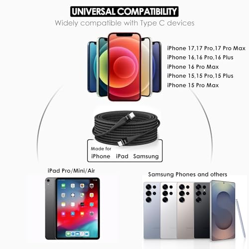 Image of Extra Long USB C to USB C Cable (15FT 100W) USBC Charger Fast Charging Cord Braided, Type C Cable for iPhone 17 Pro Max, 16 /15 Plus, iPad Pro /Air /Mini /10, Samsung, Pixel, Moto, Android Phones - Black