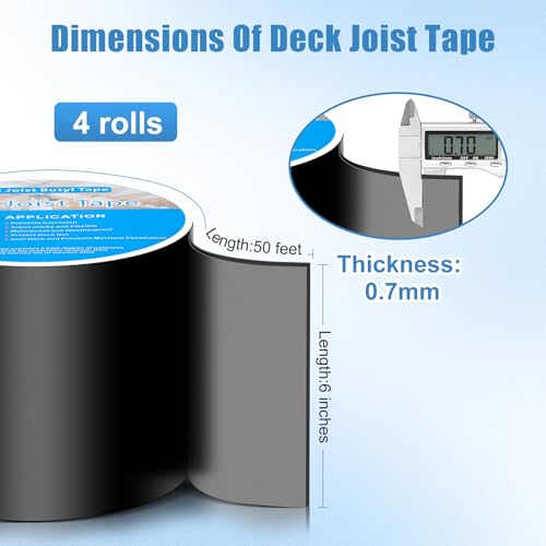 Image of Butyl Joist Tape 6 inch x 50', 4 Pack Joist Tape for Decking, Waterproof Deck Tape, Anti-Corrosion Weather Resistance Joist Tape for Protect Deck Joists and Wood Joists