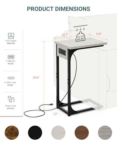 Image of C-Shaped Side Table for Couch - Small Coffee Stand Sofa Tray Desk with Metal Frame Waterproof Scratch Resistant Wood Top and Built-in Charging Station, Greige