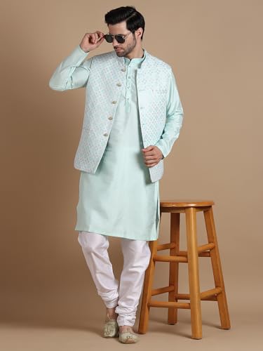 Image of men's Silk Blend Kurta Pejama & Waistcot Set