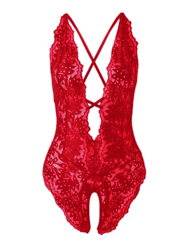 Image of SOLY HUX Women's One Piece Lingerie Sexy Lace Babydoll Deep V Teddy Criss Cross Backless Teddy Mini Bodysuit