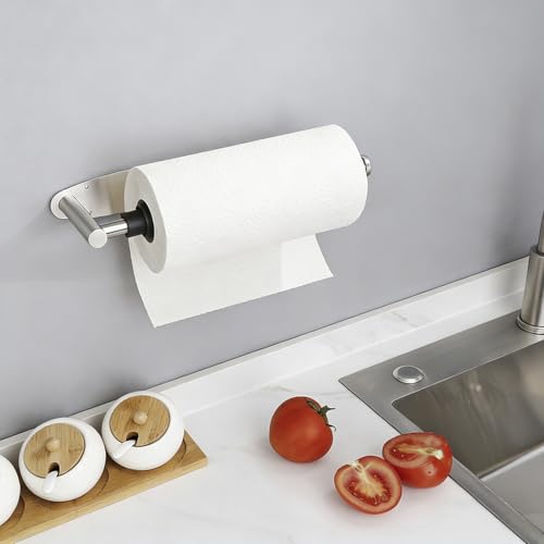Image of Single Hand Operable Paper Towel Holder Under Cabinet with Damping Effect, Self Adhesive Paper Towel Roll Holder Wall Mounted for Kitchen Bathroom, SUS304 Stainless Steel Brushed Nickel