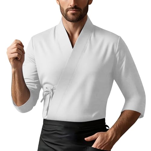 Generisch Chaqueta de cocinero para hombre de manga corta con botones de bola, transpirable, cuello alto, ropa de cocina, ajustada, cómoda, chaqueta de trabajo ligera de secado rápido, Blanco, XL