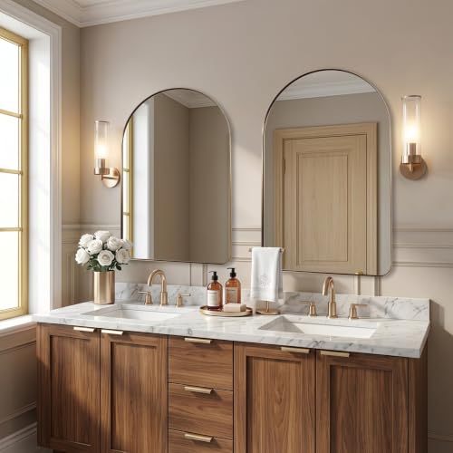 Image of 24x36 Inch Brushed Champagne Bronze Arched Bathroom Mirror | Stainless Steel Metal Frame, HD Glass, Arch Top Rounded Corner 1 Inch Deep Set Design Wall Mount for Bathroom, Bedroom