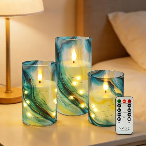 Image of Flickering Flameless Candles, Recessed String Light LED Candles 3D Wick Acrylic Battery Operated LED Pillar Candles with Remote and Timer for Modern Simple Home Decor Set of 3(Marble Printed)