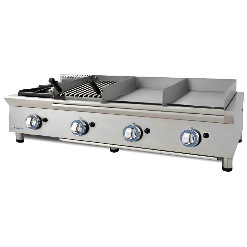 MBH - LUX WORLDMAI Cuisinière à gaz modulaire avec plaque de cuisson, 2 grils et barbecue basque. Cuisinière industrielle de comptoir en acier inoxydable pour bars, restaurants et traiteurs.