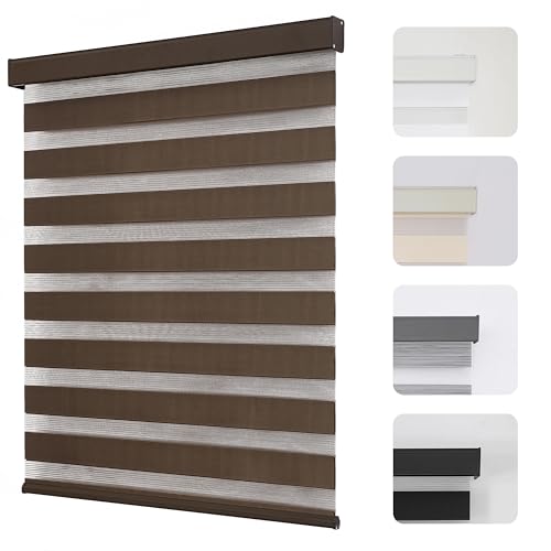 Joydeco Cordless Zebra Blinds for Windows, Dual Layer Light Control Window Blinds with Light-Proof Aluminum Cover, Free-Stop Roller Shades for Home & Office (Coffee,15" W x 48" H)