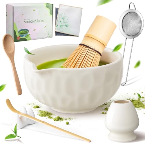 Urbzue Matcha Kit 8 Piezas Set Para La Ceremonia Japonesa Del Té Con Cuenco Con Pico, Batidor De Bambú Chasen , Soporte, Chashaku Y Tamiz Regalo Para Amantes Del Matcha, Beige