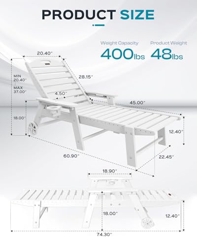 Outdoor Chaise Lounge Chair Set of 2, Patio Lounge Chairs for Outside, HDPE Lounge Chairs with Wheels & Cup Holder, Poly Lounge Chair with 5 Position for Poolside, Deck, White - Thumbnail 3