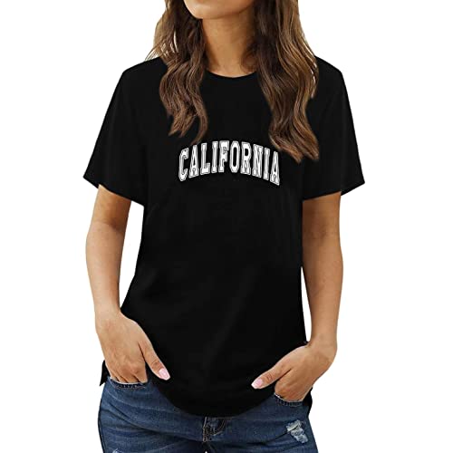XUNN Los Angeles T-shirt décontracté pour femme Bring On The Sunshine Tops Lettre T-shirt Casual Col rond Manches courtes Chemise Tops Blouse été Haut Chemise Tops Basique Tee Tops, Noir (01), XL Cover
