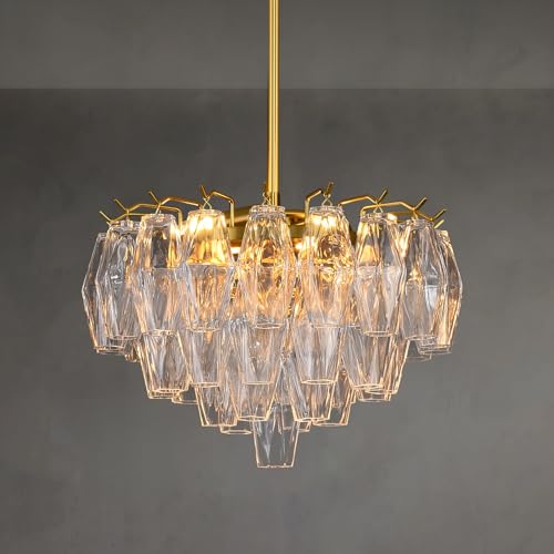 Modern Crystal Chandelier, 17'' Gold Chandeliers for Dining Room, Round Glass Crystal Brass Tiered...