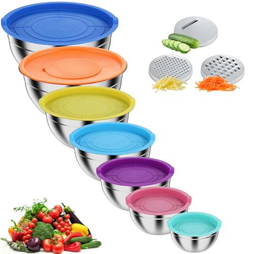 Pleafind Set di ciotole per mescolare 7 pezzi Ciotole annidabili in acciaio inossidabile con coperchi - con 3 accessori per grattugiare, capacità 4,5 QT, 4 QT, 3,5 QT, 2,1 QT, 1,5 QT, 1,1 QT, 0,7 QT