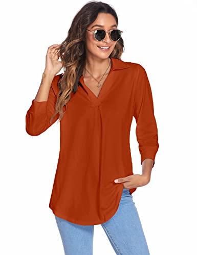 Newchoice Women's Collared V Neck 3/4 Sleeve Shirts Loose Business Casual Tops Trendy Dressy Work Blouses (Burnt Orange, S) #TOP2