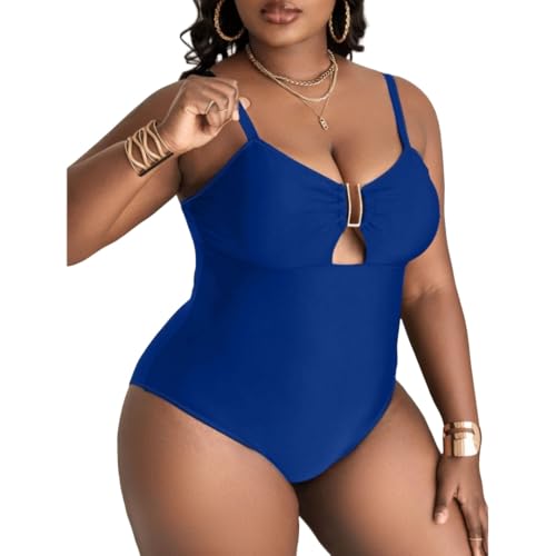 Solid Color Deep V Sexy Hollow Plus Size One-Piece Swimsuit (US, Alpha, X-Large, Regular, Regular, Sapphire Blue)