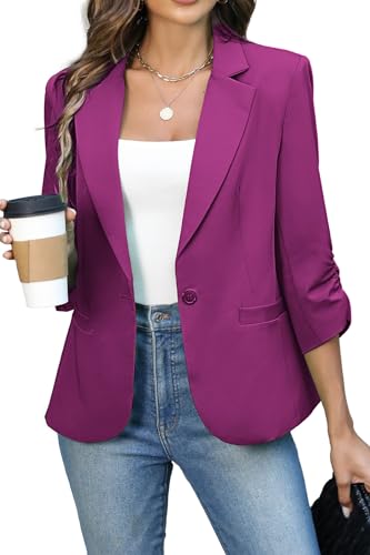 ELLEVEN Damen Blazer mit gerüschten 3/4-Ärmeln, leichte Slim Fit, Anzüge mit gepolsterter Schulter für Business Casual, Rosenrot, 3XL