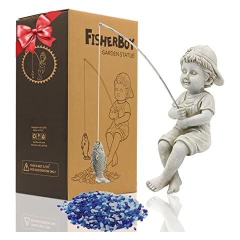 Yeomoo Angeln Little Boy Deko Gartenfiguren für Draußen, Lustig Kinder Fischer Figur Gartendeko für Wohnzimmer Teich Balkon Geschenke für Männer Frauen Mama Geburtstag Wasserdicht Feengarten Grau 28CM Cover