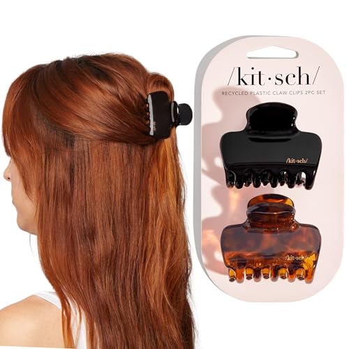 Kitsch Medium Claw Clips for Women - Strong Hold & Stylish Glossy Puffy Design Hair Accessories | Half-Up or Full Updos | Ideal Gifts for Women - 2pc Set, Black & Tort