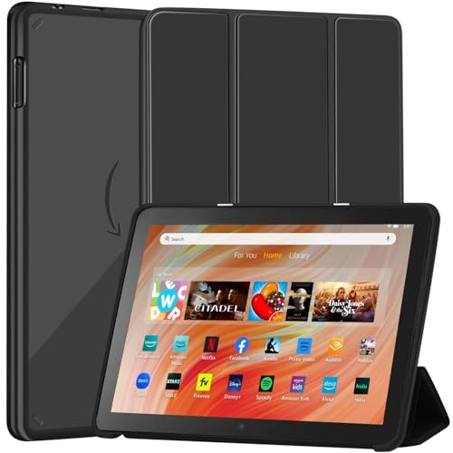 Schlanke Hülle für Amazon Kindle Fire HD 10/10 Kid / 10 Kid Pro (13. Gen, 2023) 10.1 Zoll – PU-Leder-Cover mit Dreifach-Ständer, klarer PC-Rückseite, 2 Neigungswinkeln und Auto Wake/Sleep,Schwarz
