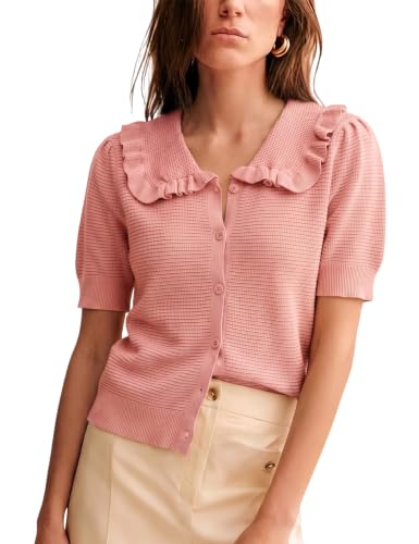 Image of Watashi Womens Ruffle Collar Puff Short Sleeve Cardigan Knit Crop Top | Peter Pan Collar Crochet Knitted Summer Fall Casual Work Wear Sweater